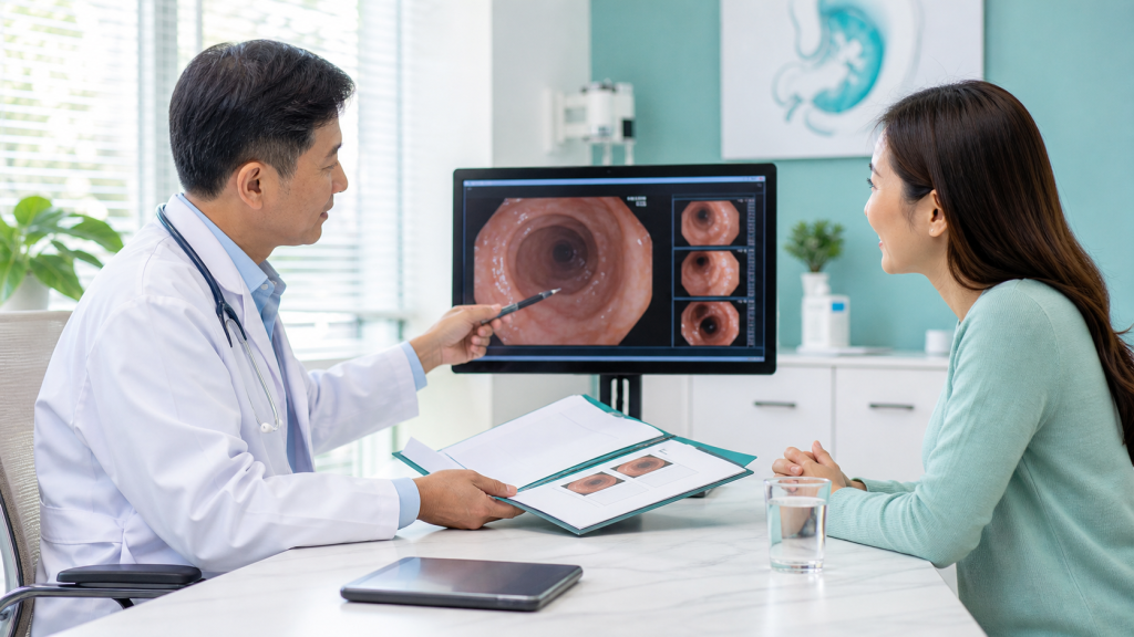 Bác sĩ giải thích kết quả nội soi cho người bệnh